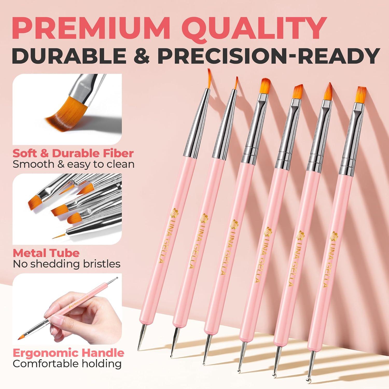 imageUNA GELLA Nail Art Brushes Set 6PCS White Color Nail Design Painting Brush Set Nail Dotting Tools Doubleheaded Nail Art Builder Gel Polish Liner Brushes for DIY Nail Drawing SuppliesAPink