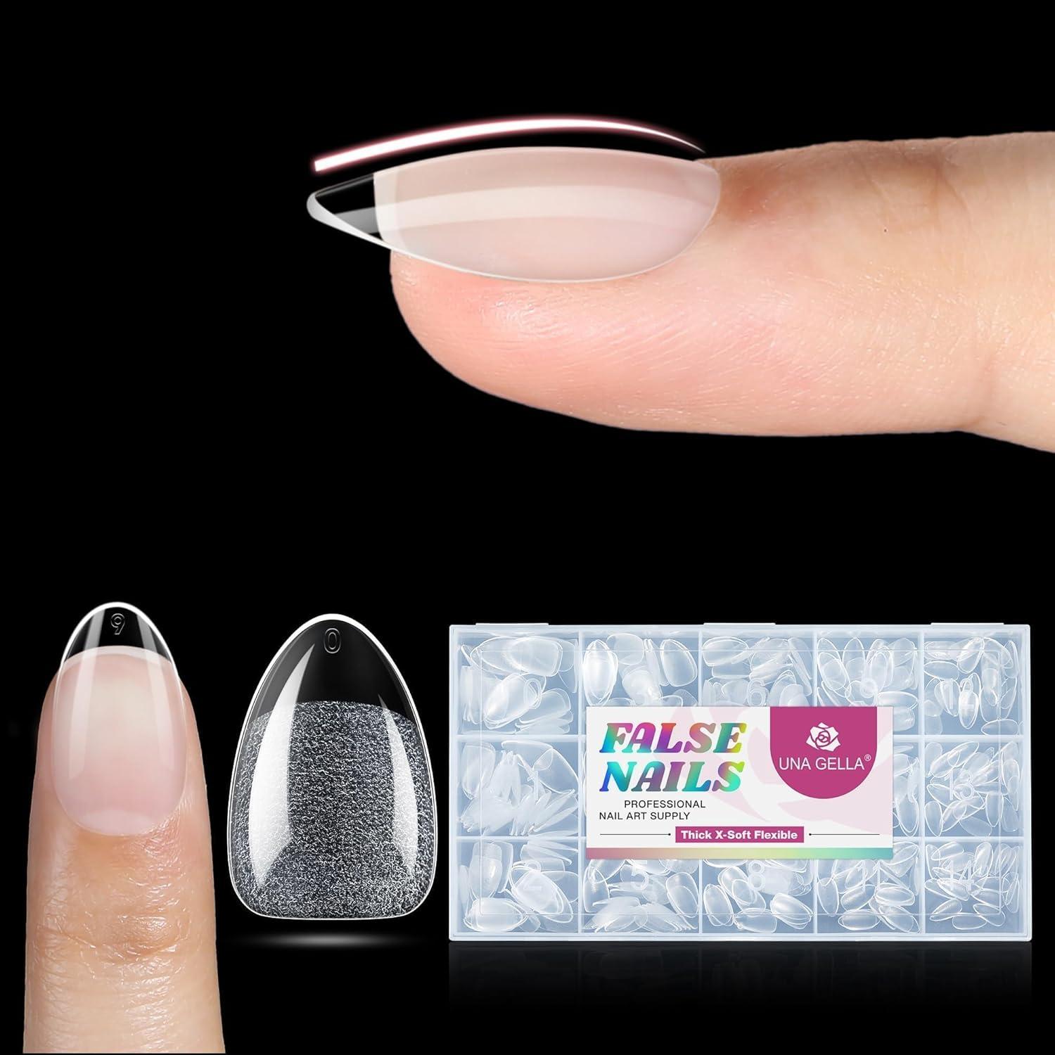 imageUNA GELLA Short Almond Nail Tips Thicker XSoft Flexible Gel Nail Tips PreEtched 330PCS Full Cover Short Acrylic Fake Nails Strength Nails for Press on Nail Extensions DIY Salon 15 Sizes