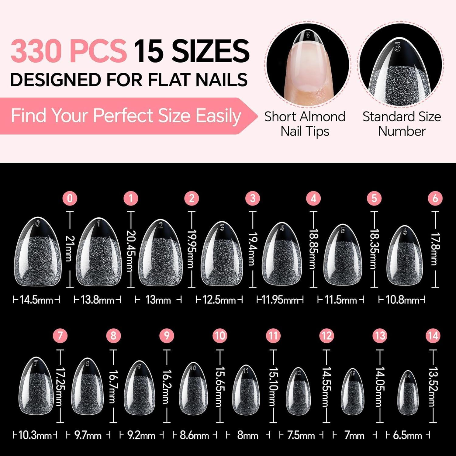 imageUNA GELLA Short Almond Nail Tips Thicker XSoft Flexible Gel Nail Tips PreEtched 330PCS Full Cover Short Acrylic Fake Nails Strength Nails for Press on Nail Extensions DIY Salon 15 Sizes