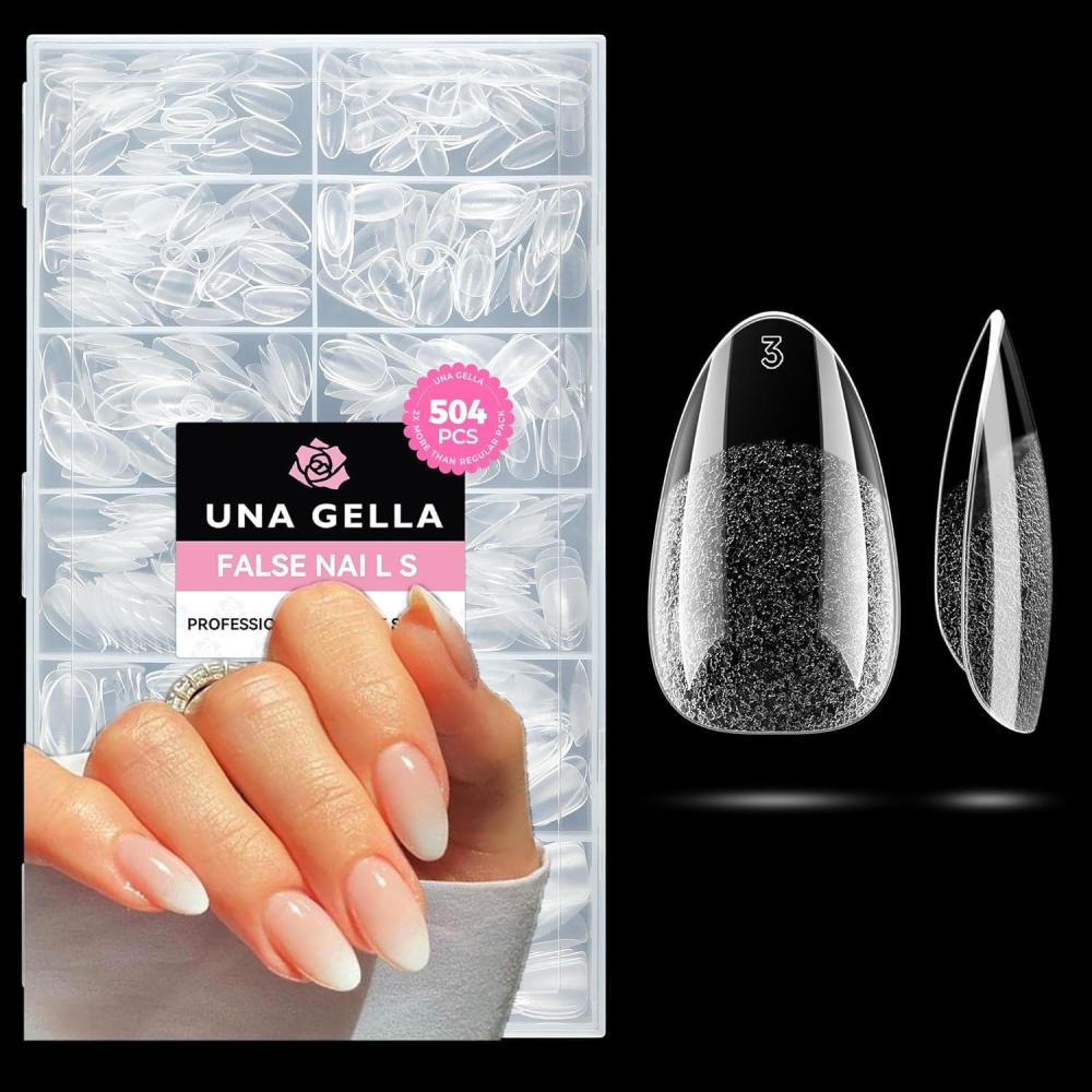 imageUNA GELLA Almond Gel Nail Tips 504PCS Pre Etched Clear Fake Nails Tips Medium Almond Shape  12 Sizes Full Cover Soft Acrylic Press On Nail Extensions No C Curve Gift for Diy at HomeA1Short Round