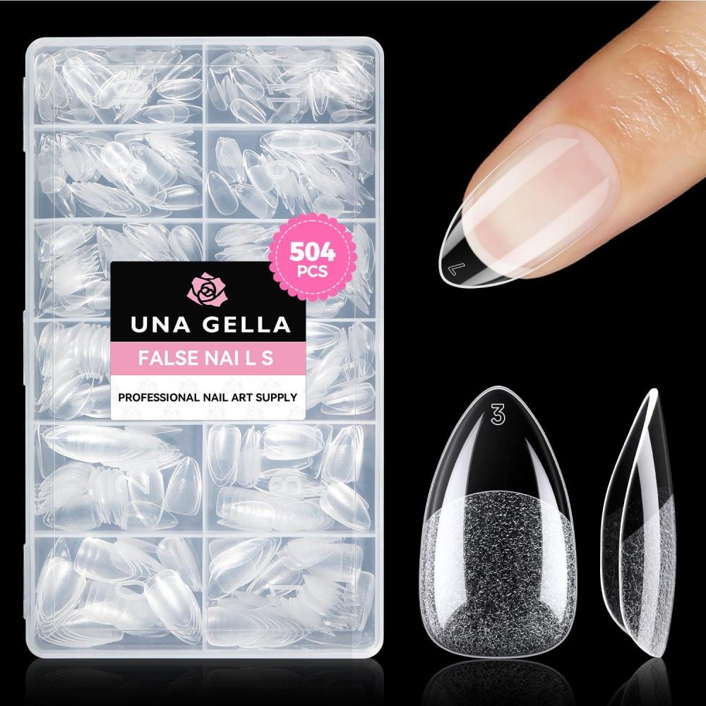 imageUNA GELLA Almond Gel Nail Tips 504PCS Pre Etched Clear Fake Nails Tips Medium Almond Shape  12 Sizes Full Cover Soft Acrylic Press On Nail Extensions No C Curve Gift for Diy at HomeA2Short Almond