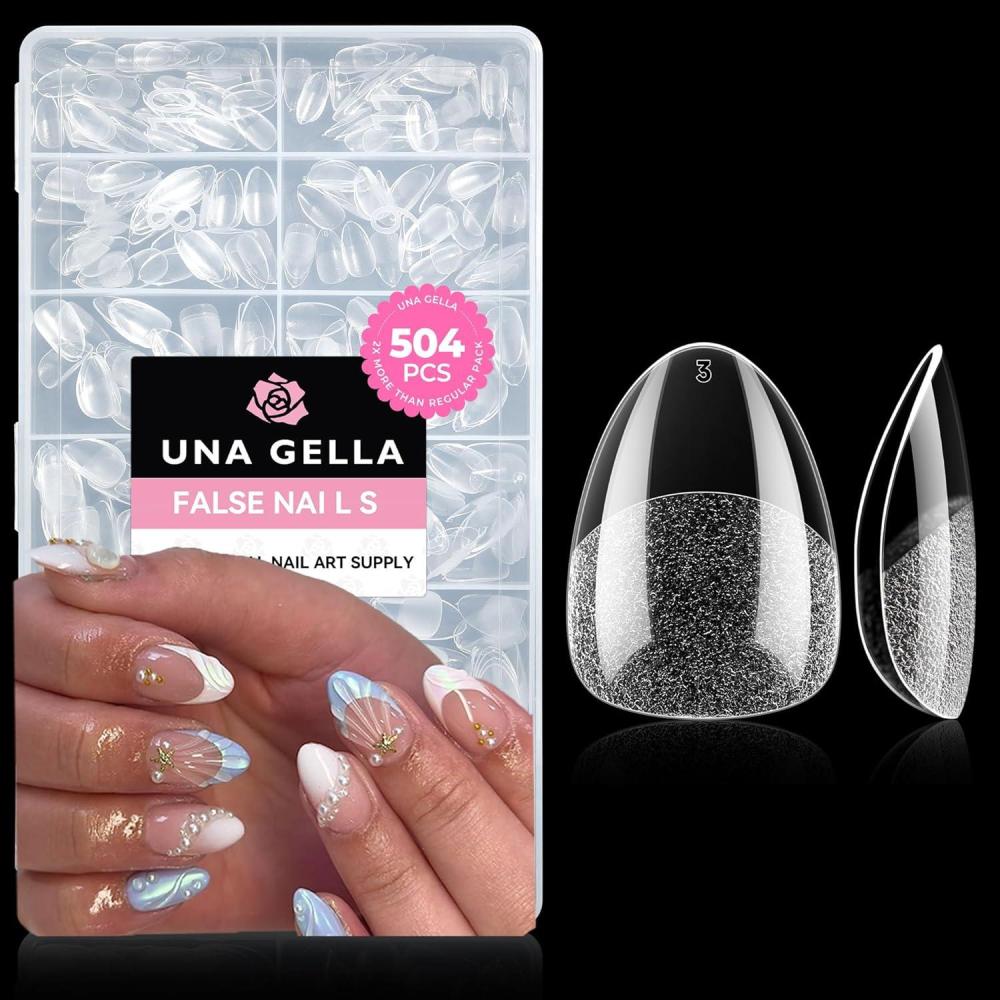 imageUNA GELLA Almond Gel Nail Tips 504PCS Pre Etched Clear Fake Nails Tips Medium Almond Shape  12 Sizes Full Cover Soft Acrylic Press On Nail Extensions No C Curve Gift for Diy at HomeA2XS Almond
