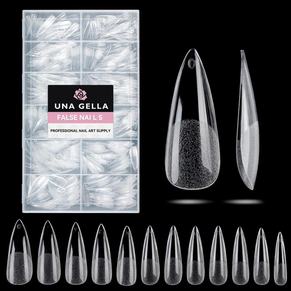 imageUNA GELLA Almond Gel Nail Tips 504PCS Pre Etched Clear Fake Nails Tips Medium Almond Shape  12 Sizes Full Cover Soft Acrylic Press On Nail Extensions No C Curve Gift for Diy at HomeA1Long Stiletto