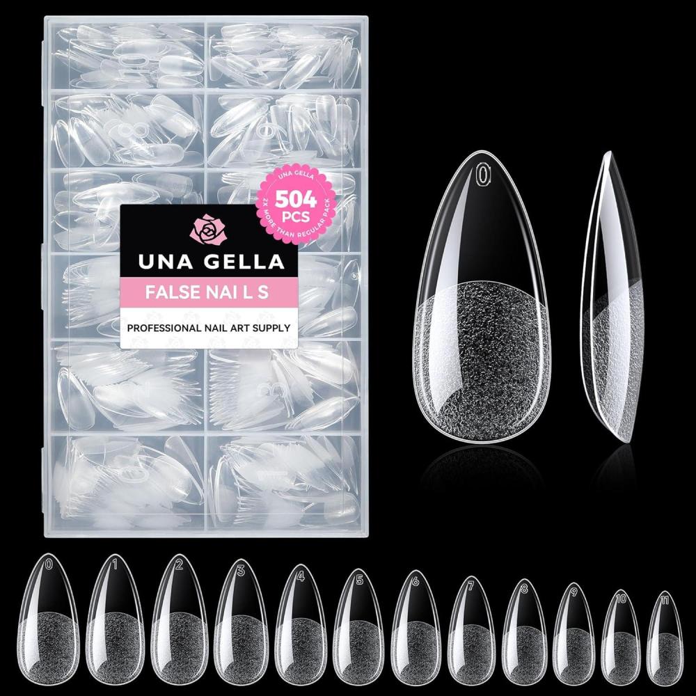 imageUNA GELLA Almond Gel Nail Tips 504PCS Pre Etched Clear Fake Nails Tips Medium Almond Shape 12 Sizes Full Cover Soft Acrylic Press On Nail Extensions No C Curve Gift for Diy at HomeA0Medium Almond