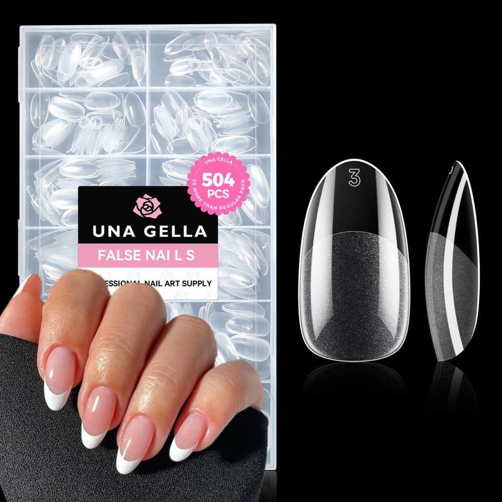imageUNA GELLA Almond Gel Nail Tips 504PCS Pre Etched Clear Fake Nails Tips Medium Almond Shape  12 Sizes Full Cover Soft Acrylic Press On Nail Extensions No C Curve Gift for Diy at HomeMedium Round