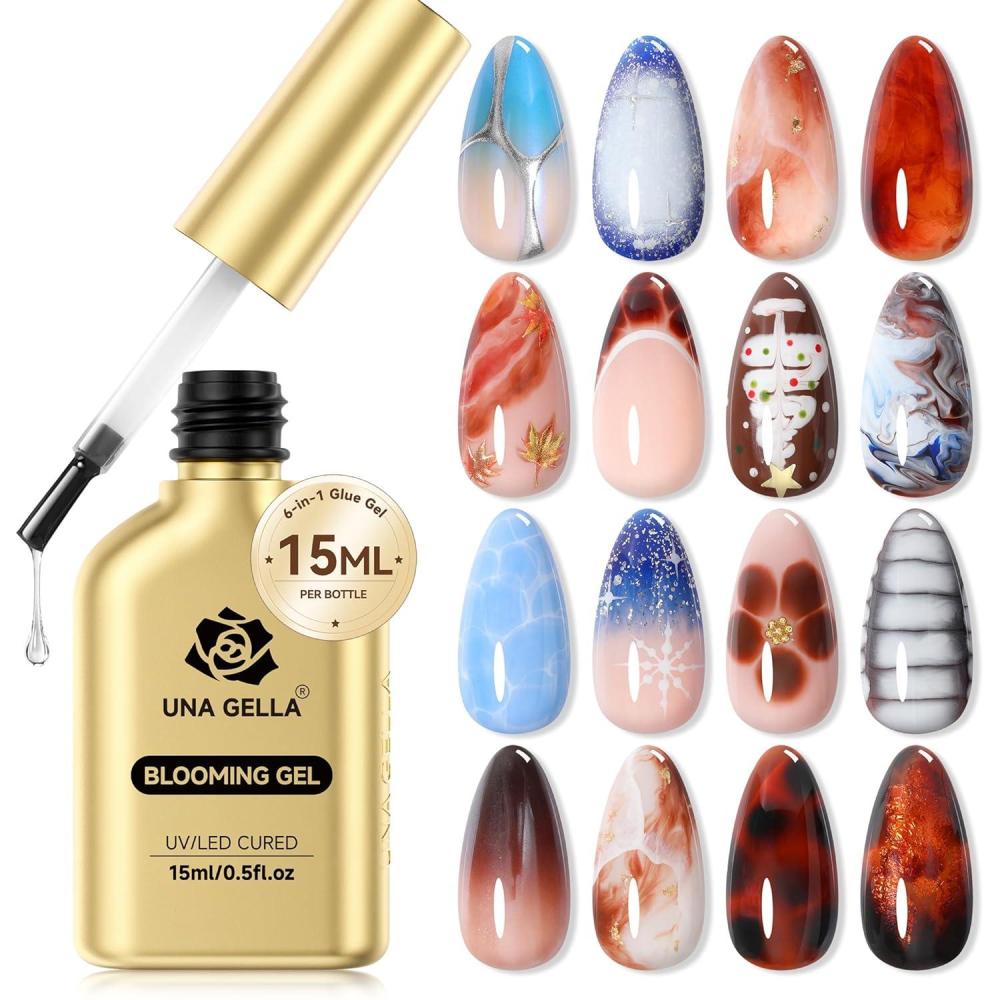imageUNA GELLA Blooming Gel Nail Polish 15ml Super Clear for Spreading Effect U VLED Needed Nail Blooming Gel for Marble Natural Stone Floral Print Watercolor Effect Design Soak Off Home DIY Salon