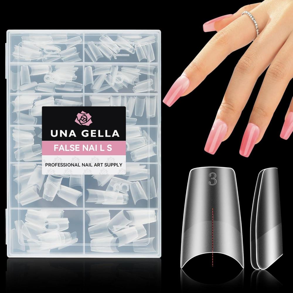 imageUNA GELLA Medium Coffin Fake Nails Full Matte Gel Nail Tips Coffin Half Cover 216pcs Clear Gel No C Curve Acrylic False Nail Tips 12 Sizes Easily DIY Salon Nail Extensions for Starter Pro