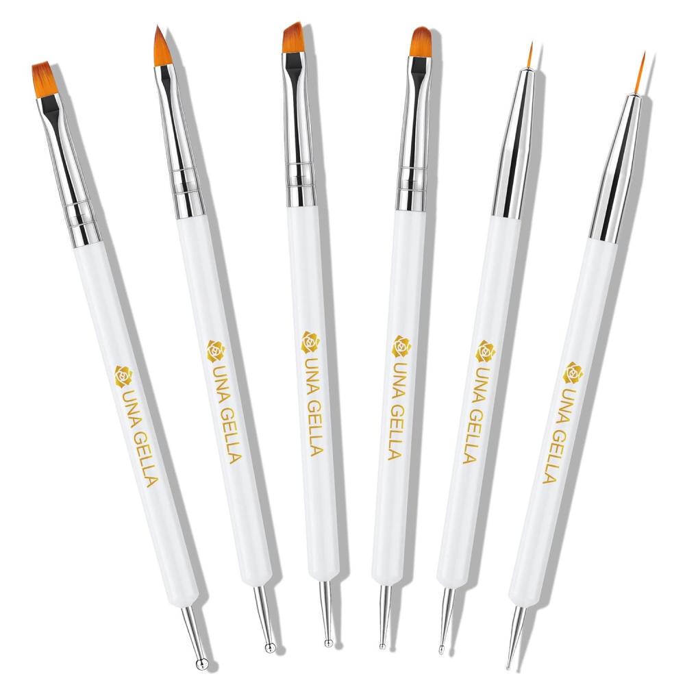 imageUNA GELLA Nail Art Brushes Set 6PCS White Color Nail Design Painting Brush Set Nail Dotting Tools Doubleheaded Nail Art Builder Gel Polish Liner Brushes for DIY Nail Drawing SuppliesWhite