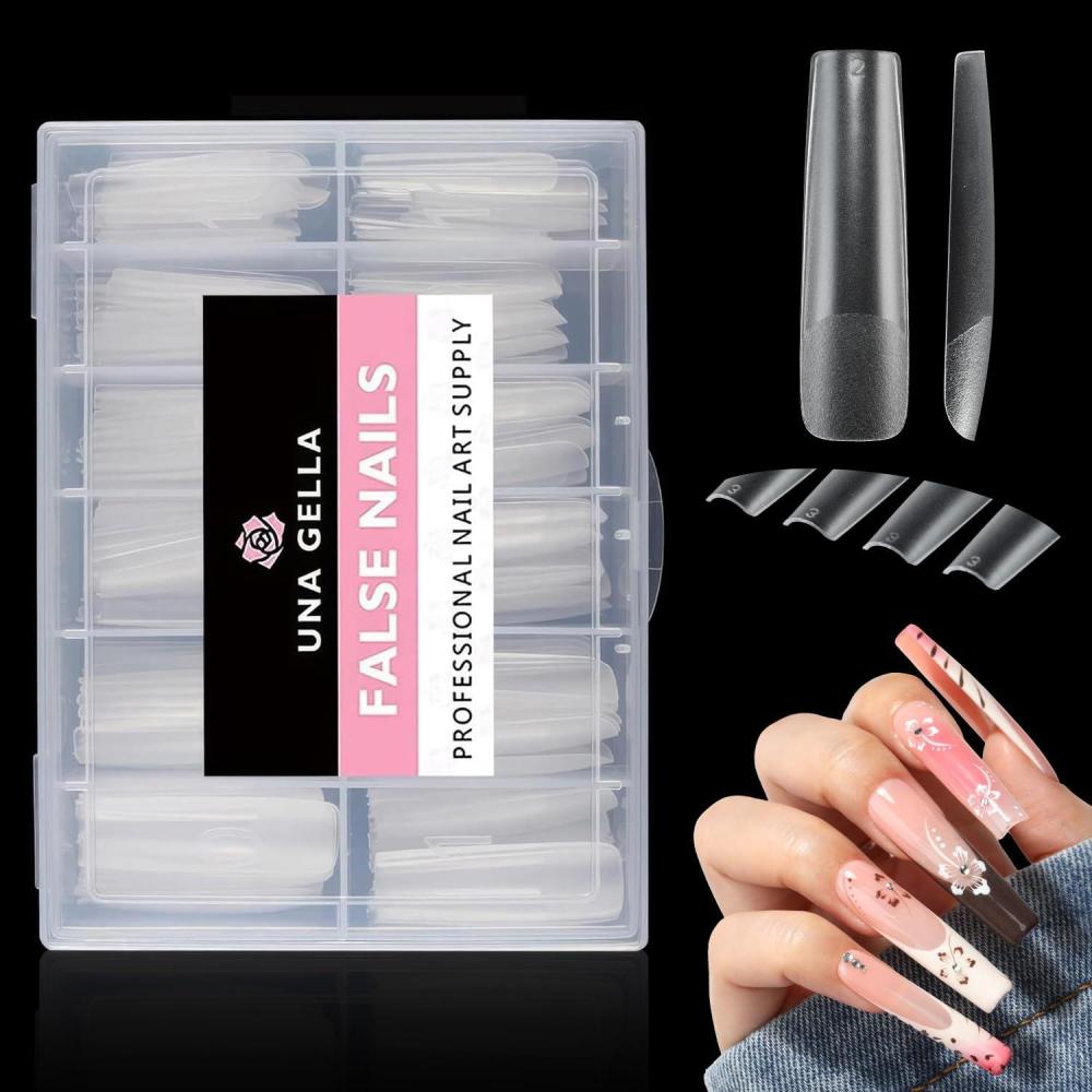 imageUNA GELLA Nail Tips Square XXL Tips 120 PCS No C Curve Gel Tips Extra Long Square Straight Nails Half Fake Nail Tips No Trace for Acrylic Nails Tips for Home DIY with BoxMatte Straight