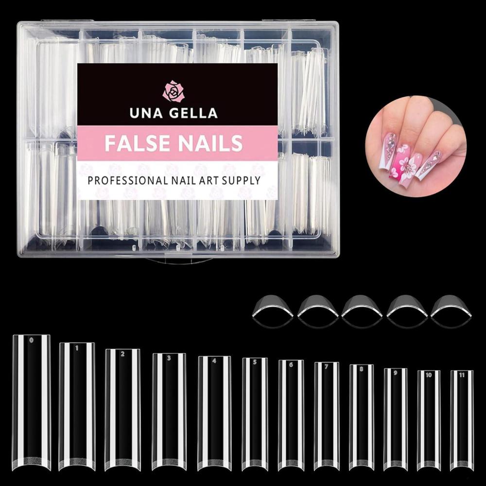 imageUNA GELLA XXL Long Square Nails Tips 216 PCS No C Curve Straight Nail Tips Full Cover Square Gel Tips Extra Long Nail Tips Clear False Fake Nails Gel Nail Extension for Nail Salon Home DIY 12 SizesA0Half Straight