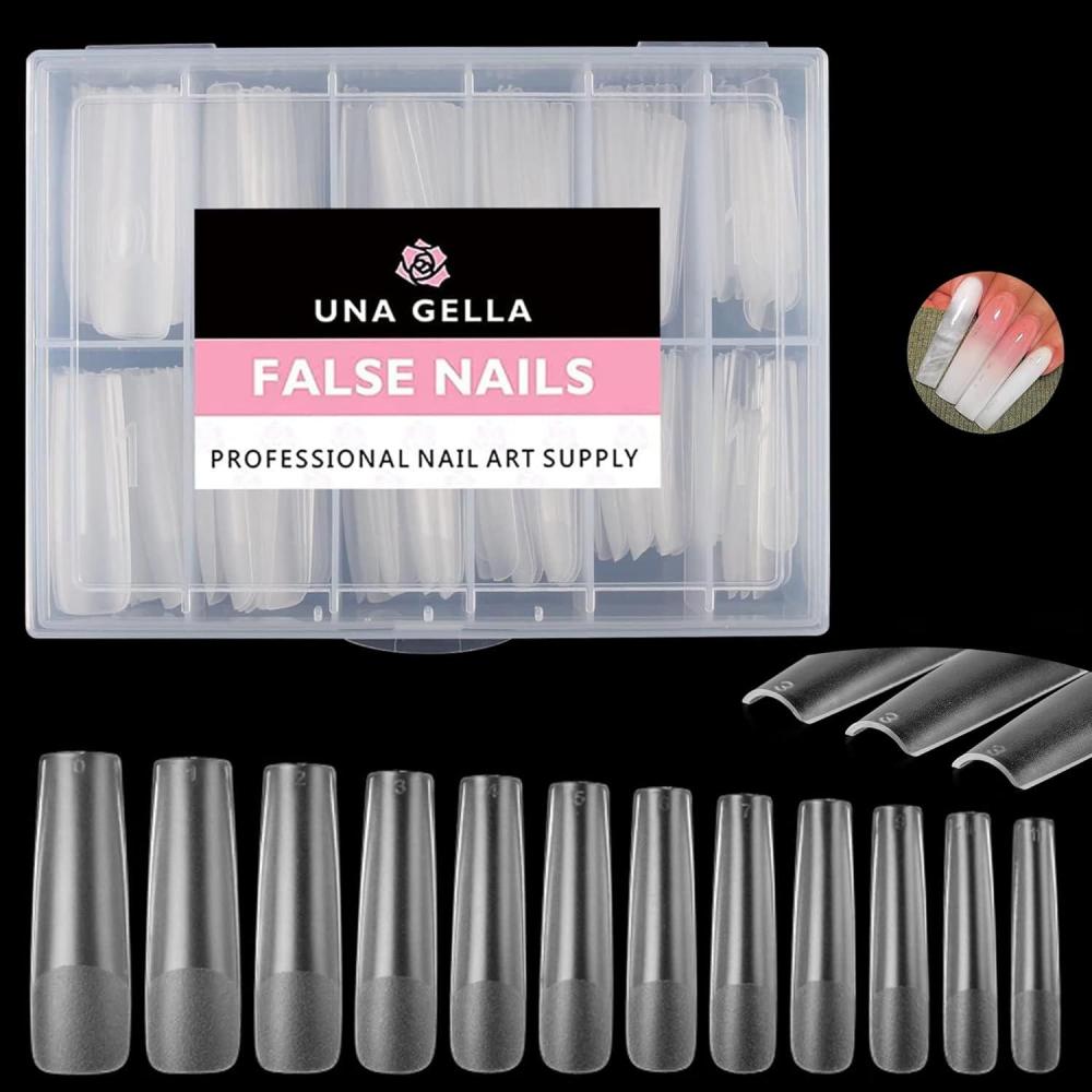 imageUNA GELLA XXL Long Square Nails Tips 216 PCS No C Curve Straight Nail Tips Full Cover Square Gel Tips Extra Long Nail Tips Clear False Fake Nails Gel Nail Extension for Nail Salon Home DIY 12 SizesC1Matte Straight