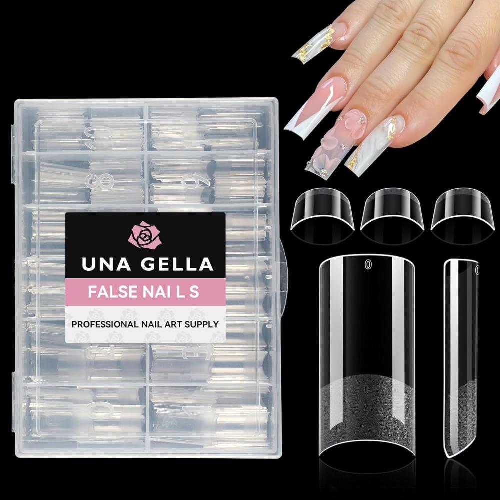 imageUNA GELLA XXL Long Square Nails Tips 216 PCS No C Curve Straight Nail Tips Full Cover Square Gel Tips Extra Long Nail Tips Clear False Fake Nails Gel Nail Extension for Nail Salon Home DIY 12 SizesFMedium Square