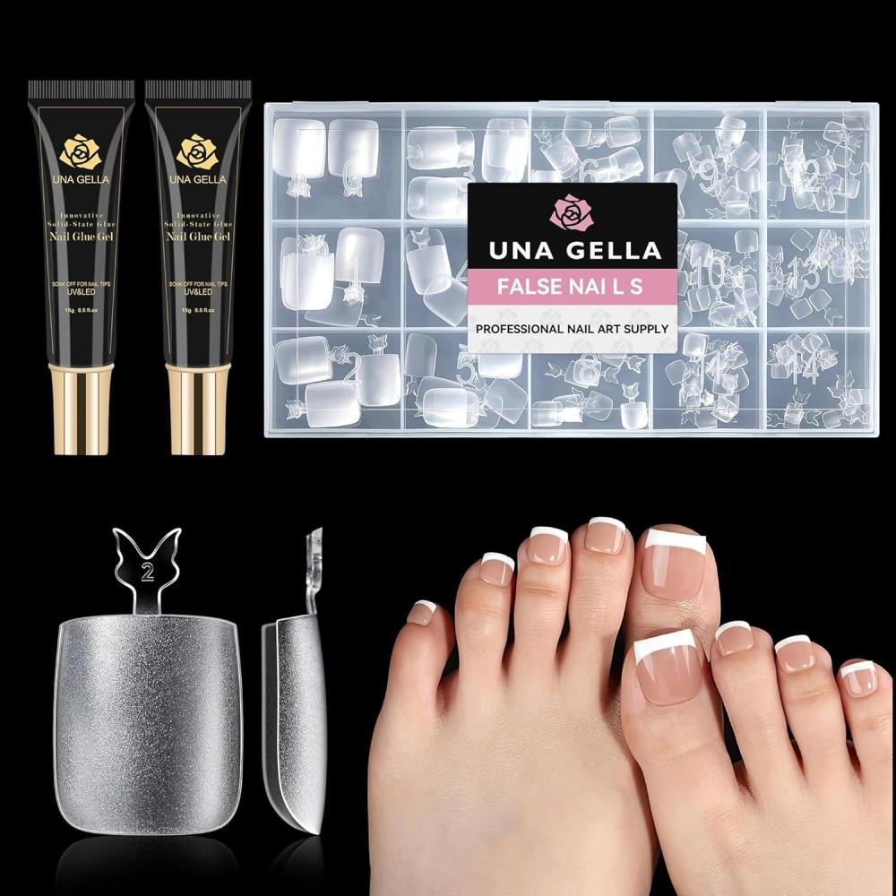 imageUNA GELLA Gel Nail Kit Square Toe Nail Tips 216Pcs 15 Sizes Full Cover Long Wider Toe Nail Tips Gel Nail Glue 15ml2pcs Strong Nail Glue Gel Easy Nail Extension Set for Home DIY Nail Salon Soak Off
