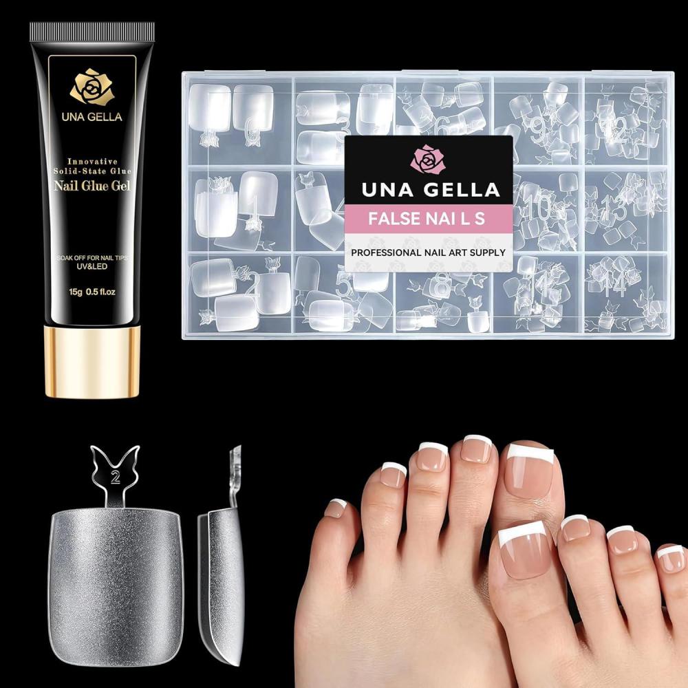 imageUNA GELLA Gel Nail Kit Square Toe Nail Tips 216Pcs 15Sizes Full Cover Long Wider Toe Nail Tips Gel Nail Glue 15ml Solid Nail Glue Gel Kit for Acrylic Nail Extensions Home DIY Nail Salon Soak Off