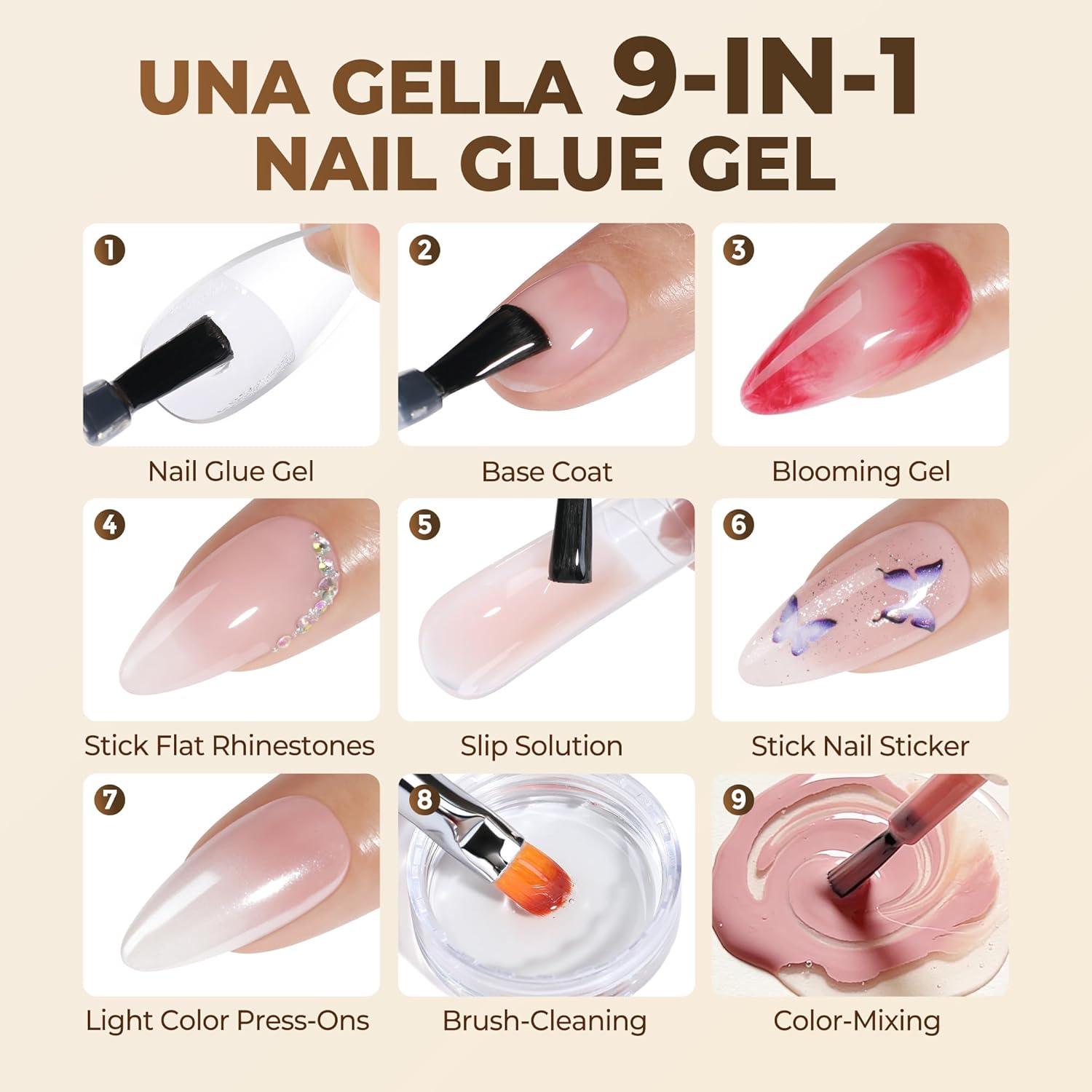 imageUNA GELLA 9 in 1 Gel Nail Glue for Clear Acrylic Nails Tips 2Pcs 10ml Long Lasting Super Strong Brush on Nail Gel Glue for False Press on Nails Tips Base Blooming Gel U V Light RequiredB2Pcs 10ml Gel Nail Glue