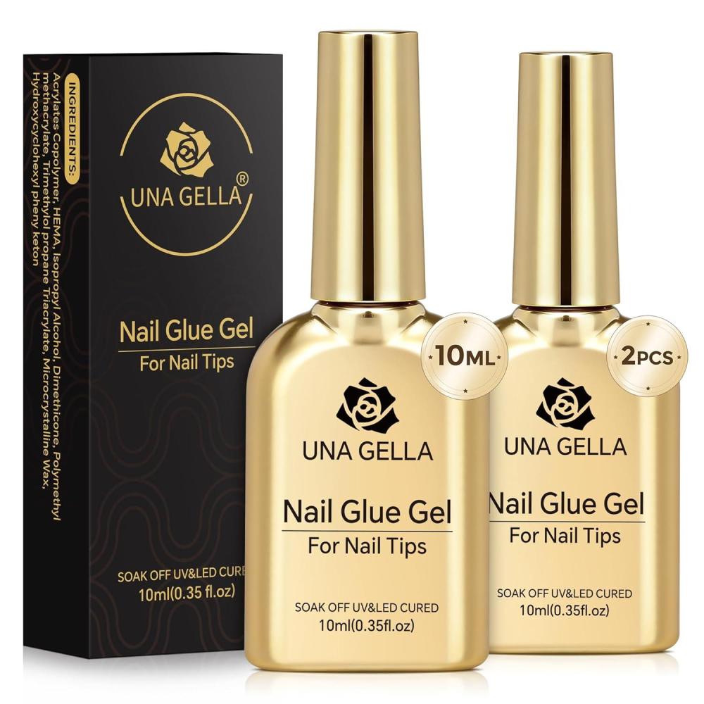 imageUNA GELLA 9 in 1 Gel Nail Glue for Clear Acrylic Nails Tips 2Pcs 10ml Long Lasting Super Strong Brush on Nail Gel Glue for False Press on Nails Tips Base Blooming Gel U V Light RequiredB2Pcs 10ml Gel Nail Glue