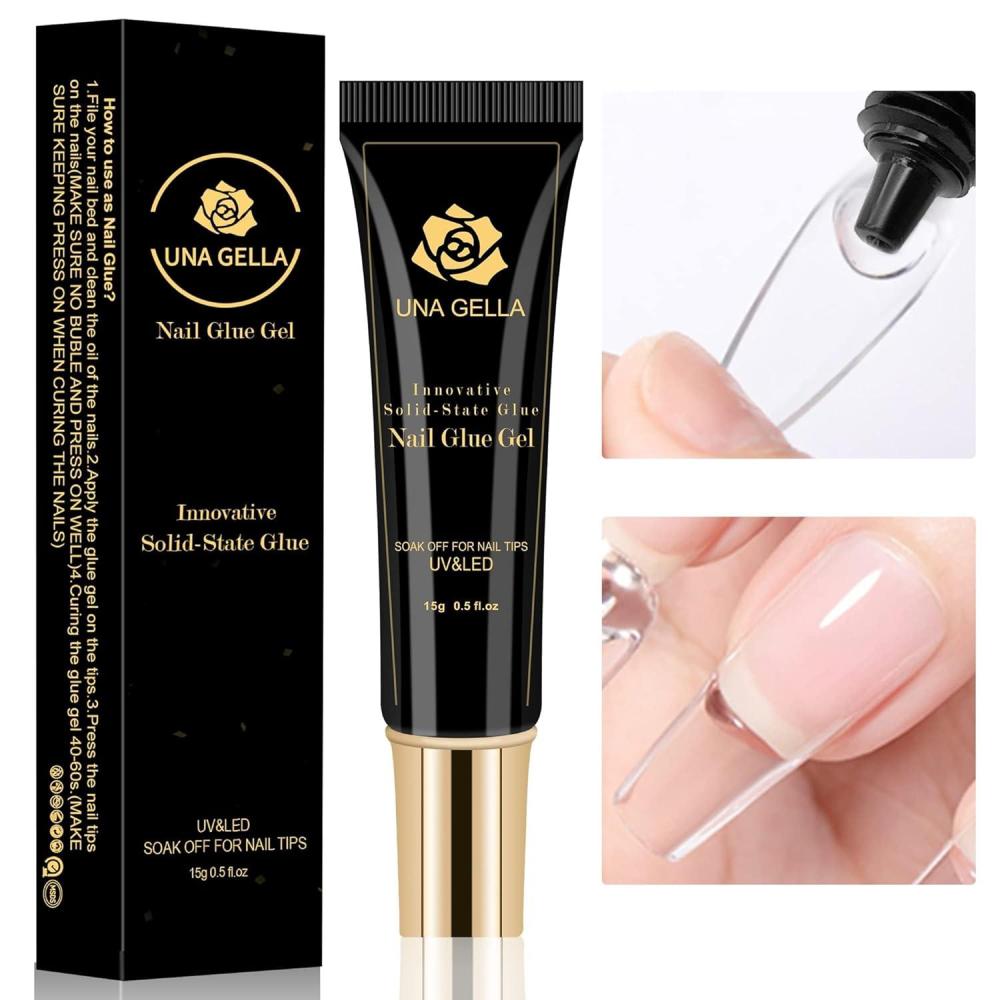 imageUNA GELLA 9 in 1 Gel Nail Glue for Clear Acrylic Nails Tips 2Pcs 10ml Long Lasting Super Strong Brush on Nail Gel Glue for False Press on Nails Tips Base Blooming Gel U V Light RequiredB15ml Nail Glue