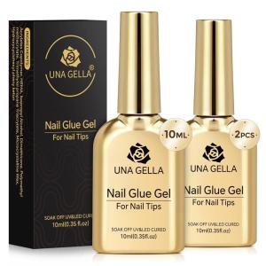 UNA GELLA 9 in 1 Gel Nail Glue for Clear Acrylic Nails Tips 2Pcs 10ml Long Lasting Super Strong Brush on Nail Gel Glue for False Press on Nails Tips Base Blooming Gel, U V Light Required(B-2Pcs 10ml Gel Nail Glue)