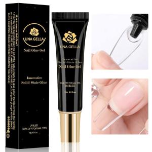UNA GELLA 9 in 1 Gel Nail Glue for Clear Acrylic Nails Tips 2Pcs 10ml Long Lasting Super Strong Brush on Nail Gel Glue for False Press on Nails Tips Base Blooming Gel, U V Light Required(B-15ml Nail Glue)