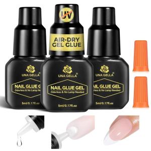 UNA GELLA 9 in 1 Gel Nail Glue for Clear Acrylic Nails Tips 2Pcs 10ml Long Lasting Super Strong Brush on Nail Gel Glue for False Press on Nails Tips Base Blooming Gel, U V Light Required(Gel Nail Glue 3pcs)