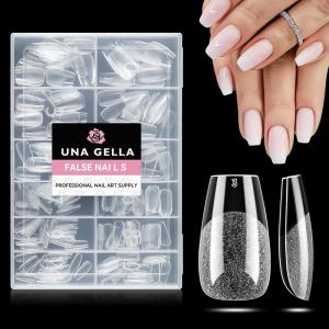 UNA GELLA 9 in 1 Gel Nail Glue for Clear Acrylic Nails Tips 2Pcs 10ml Long Lasting Super Strong Brush on Nail Gel Glue for False Press on Nails Tips Base Blooming Gel, U V Light Required(Short Coffin Nail Tips 216pcs)