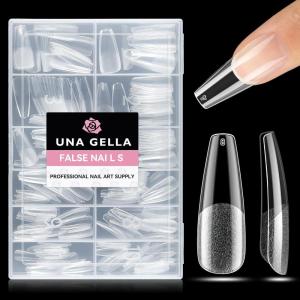 UNA GELLA 9 in 1 Gel Nail Glue for Clear Acrylic Nails Tips 2Pcs 10ml Long Lasting Super Strong Brush on Nail Gel Glue for False Press on Nails Tips Base Blooming Gel, U V Light Required(Long Coffin Nail Tips 216pcs)