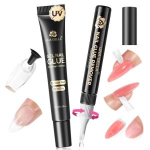 UNA GELLA 15ml Semi Solid Nail Glue Gel with 10ml Nail Glue Remover for Press On Nails Tips No Lamp Needed Super Strong Gel Nail Glue with 2 in 1 Acrylic Nails Remover Long Lasting Fake Nails Kit(A0-Semi Nail Glue & Remover Kit)