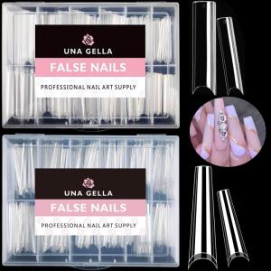 UNA GELLA 15ml Semi Solid Nail Glue Gel with 10ml Nail Glue Remover for Press On Nails Tips No Lamp Needed Super Strong Gel Nail Glue with 2 in 1 Acrylic Nails Remover Long Lasting Fake Nails Kit(C-Coffin & Square)