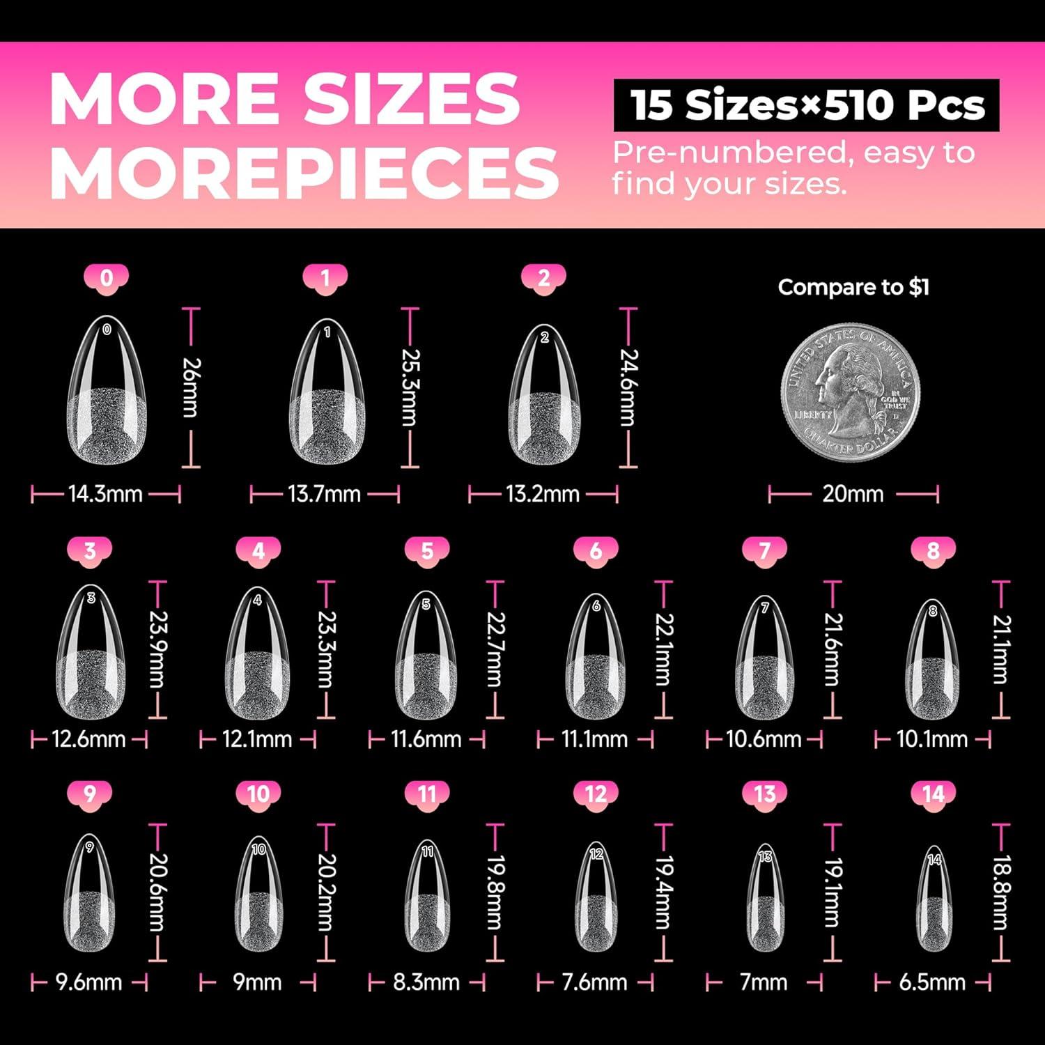 imageUNA GELLA Soft Gel Medium Coffin Nails Tips 510Pcs 15 Sizes PreBuffed Full Cover False Nails No File Needed Inner Matte Gel Tips Clear PMMA Soak Off Acrylic Nail Extensions for DIY Nail ArtMedium Almond
