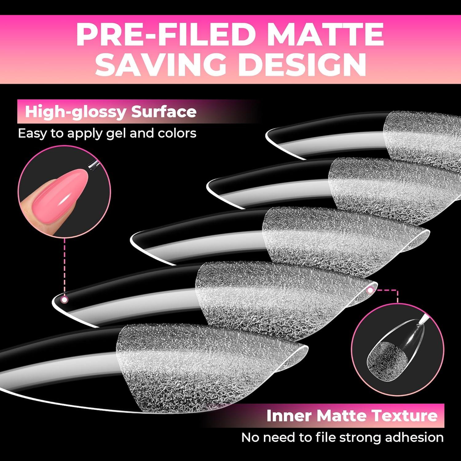 imageUNA GELLA Soft Gel Medium Coffin Nails Tips 510Pcs 15 Sizes PreBuffed Full Cover False Nails No File Needed Inner Matte Gel Tips Clear PMMA Soak Off Acrylic Nail Extensions for DIY Nail ArtMedium Almond