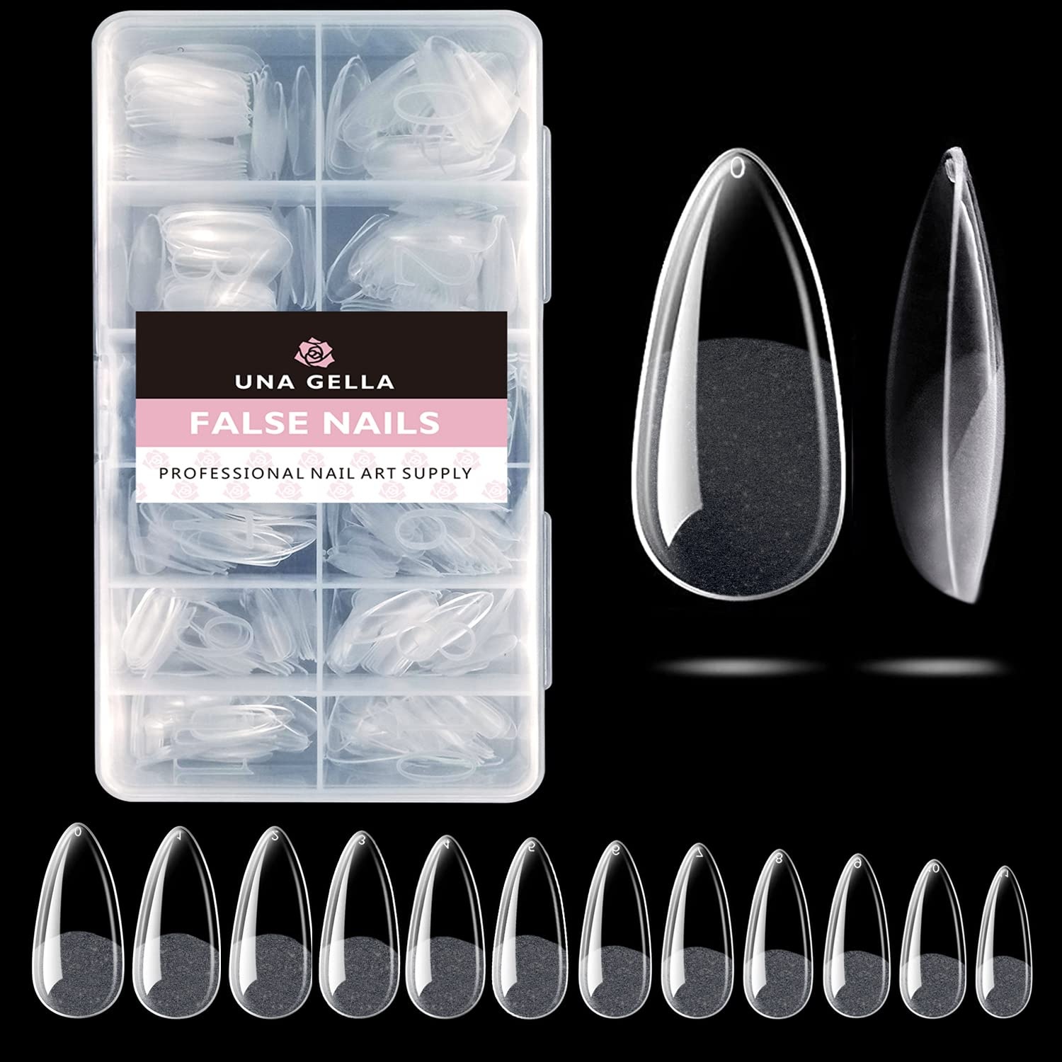 image:imageUNA GELLA Extra Short Sharp Square Nail Tips 216Pcs 12 Sizes Prebuffed Soft Gel Nail Tips Sharp Square Half Matte Full Cover Clear Fake Nails Extensions for DIY amp Salon Manicure Clear Press on NailsBMedium Almond