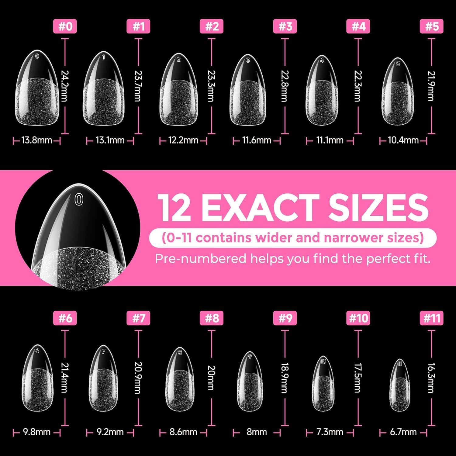 image:imageUNA GELLA Extra Short Sharp Square Nail Tips 216Pcs 12 Sizes Prebuffed Soft Gel Nail Tips Sharp Square Half Matte Full Cover Clear Fake Nails Extensions for DIY amp Salon Manicure Clear Press on NailsPointed Almond Nail Tips 216pcs