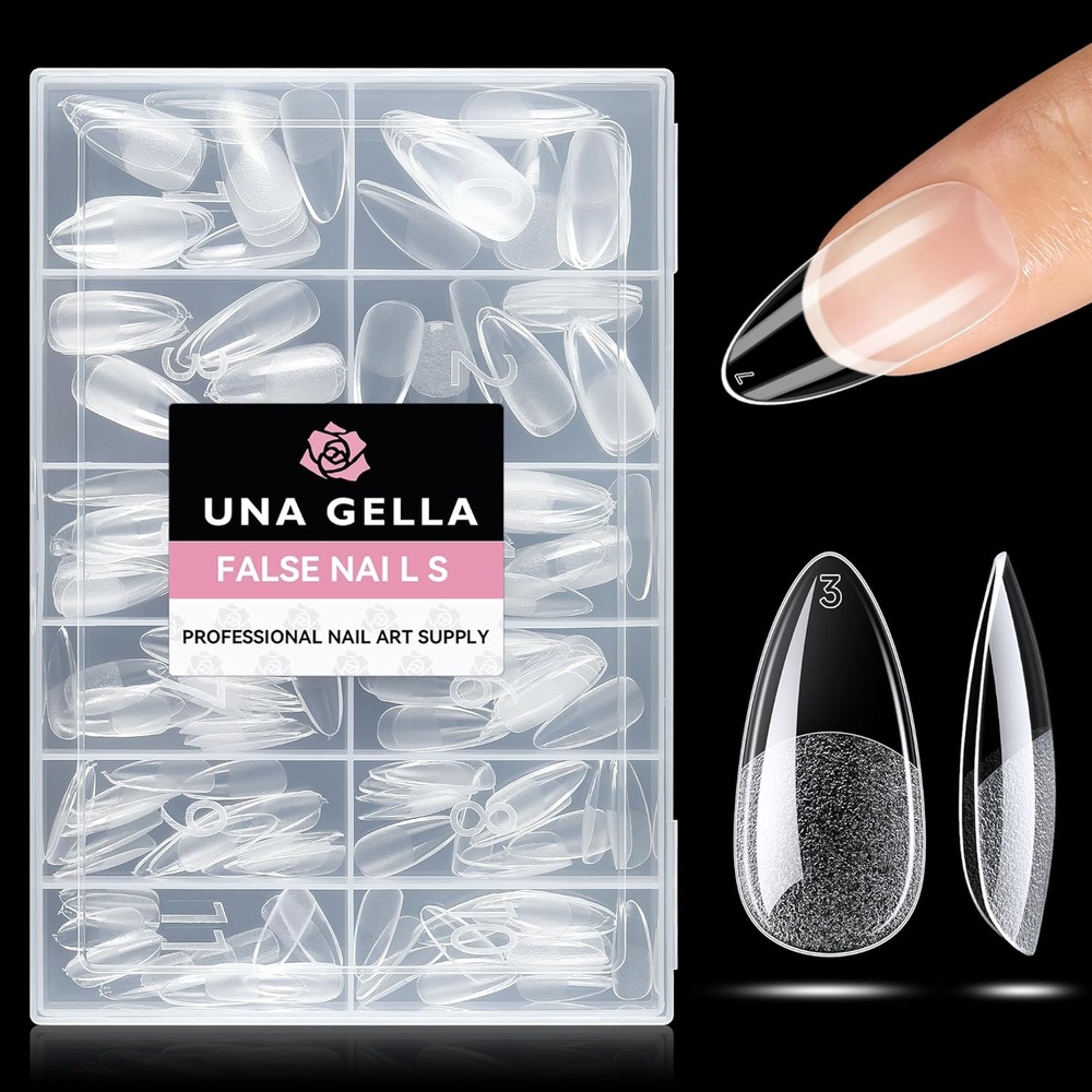 image:imageUNA GELLA Extra Short Sharp Square Nail Tips 216Pcs 12 Sizes Prebuffed Soft Gel Nail Tips Sharp Square Half Matte Full Cover Clear Fake Nails Extensions for DIY amp Salon Manicure Clear Press on NailsBMedium Almond
