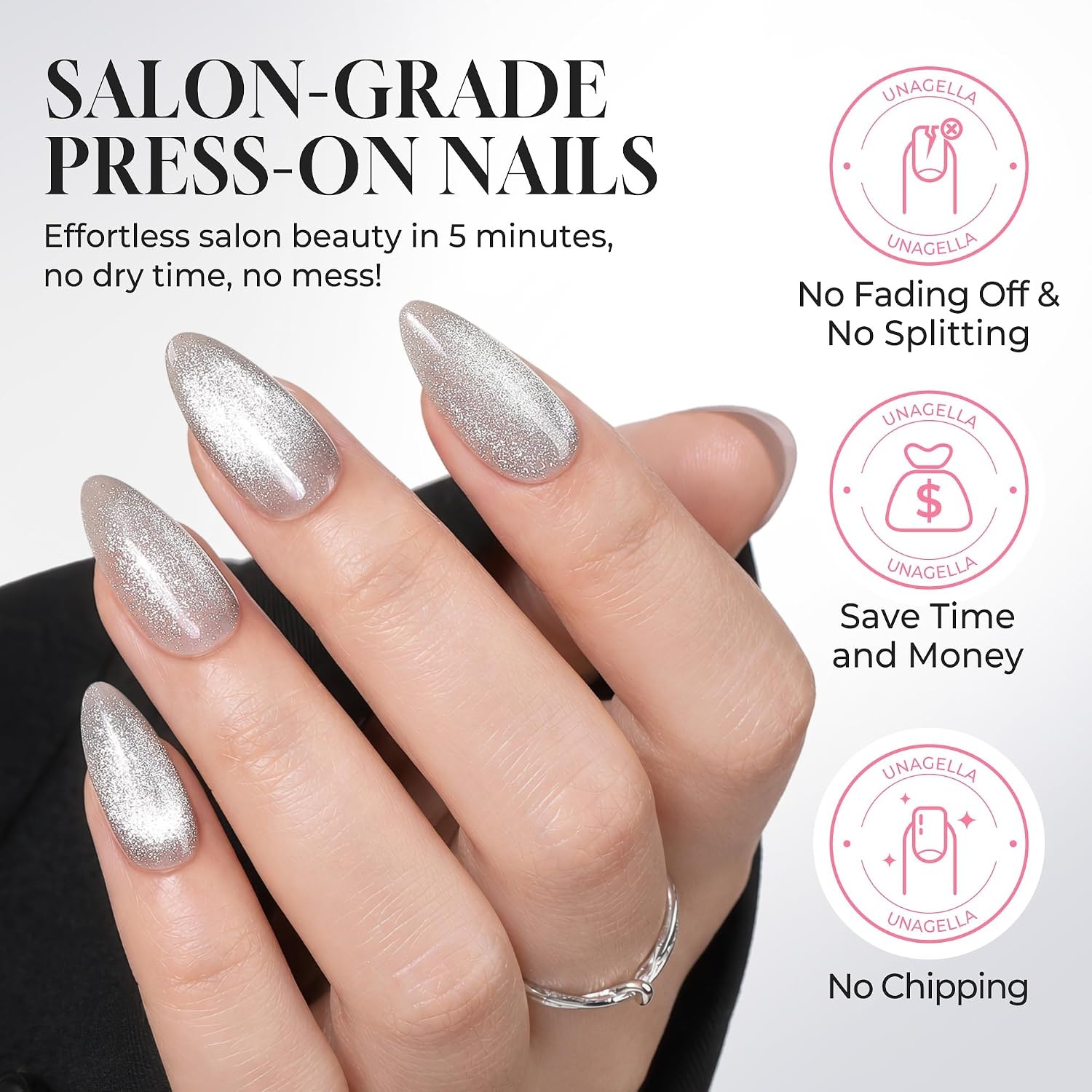 image:imageUNA GELLA Almond Press On Nails 32Pcs 16 Sizes Pastel Lilac Lavender Fake Nails with Glue and Adhesive Tabs Opaque Reusable Glue On Nails Kit for Women ManicureSilver Galaxy