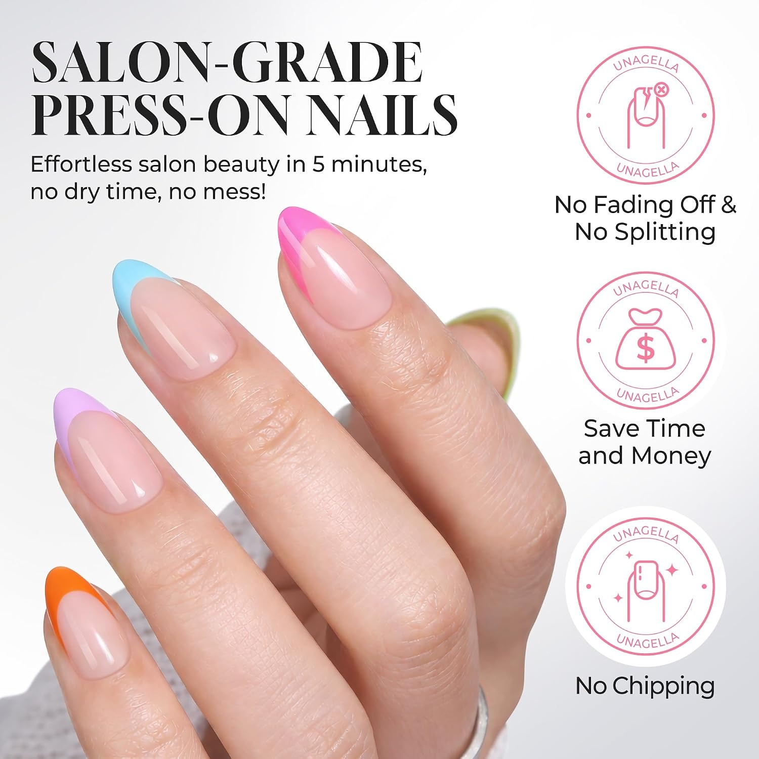 image:imageUNA GELLA Almond Press On Nails 32Pcs 16 Sizes Pastel Lilac Lavender Fake Nails with Glue and Adhesive Tabs Opaque Reusable Glue On Nails Kit for Women ManicureDopamine Brights