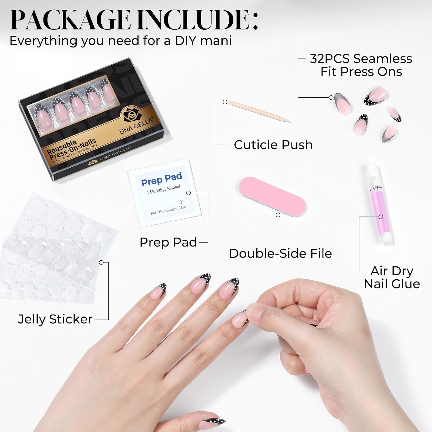 image:imageUNA GELLA Almond Press On Nails 32Pcs 16 Sizes Pastel Lilac Lavender Fake Nails with Glue and Adhesive Tabs Opaque Reusable Glue On Nails Kit for Women ManicureDancing Dots