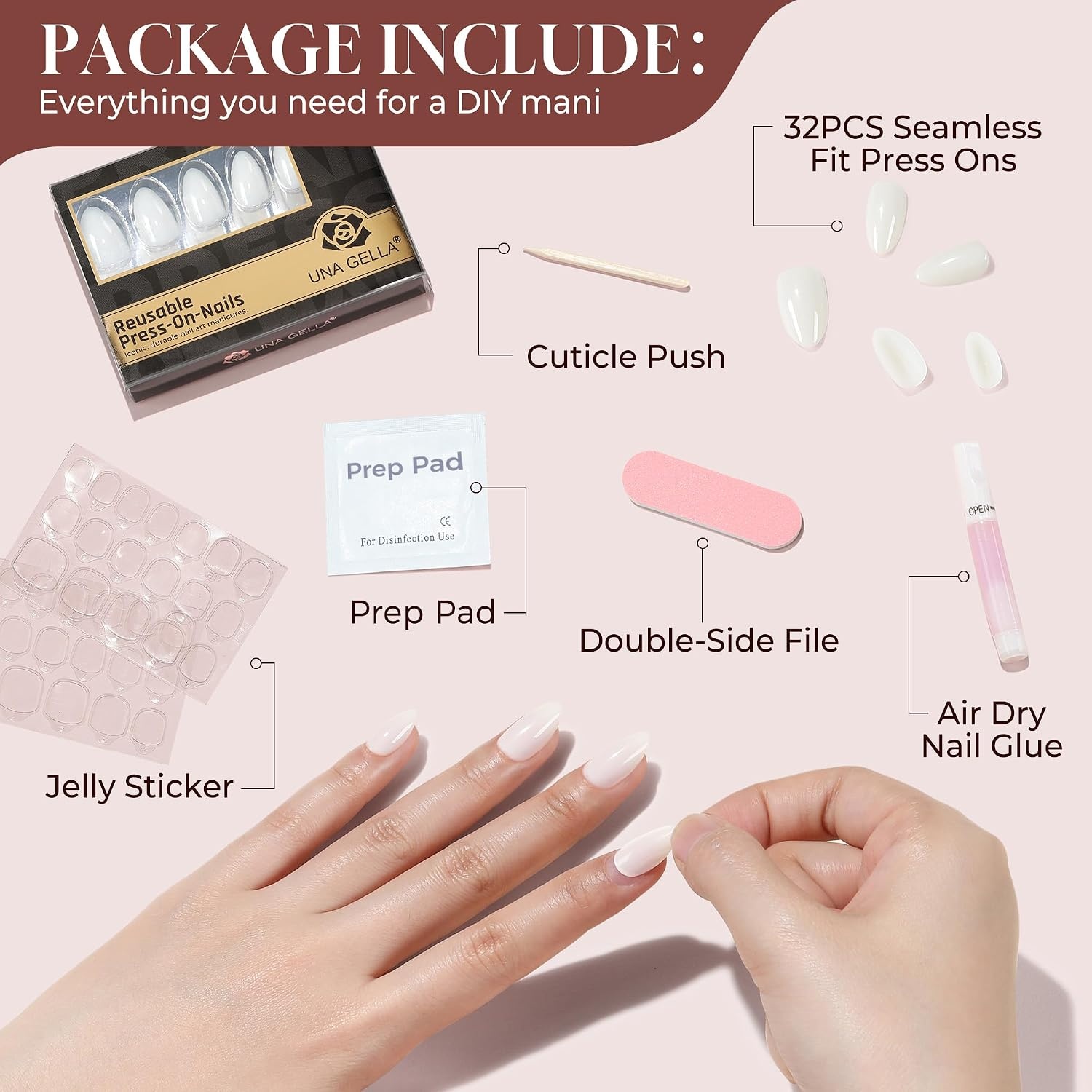 image:imageUNA GELLA Almond Press On Nails 32Pcs 16 Sizes Pastel Lilac Lavender Fake Nails with Glue and Adhesive Tabs Opaque Reusable Glue On Nails Kit for Women ManicureMilky White