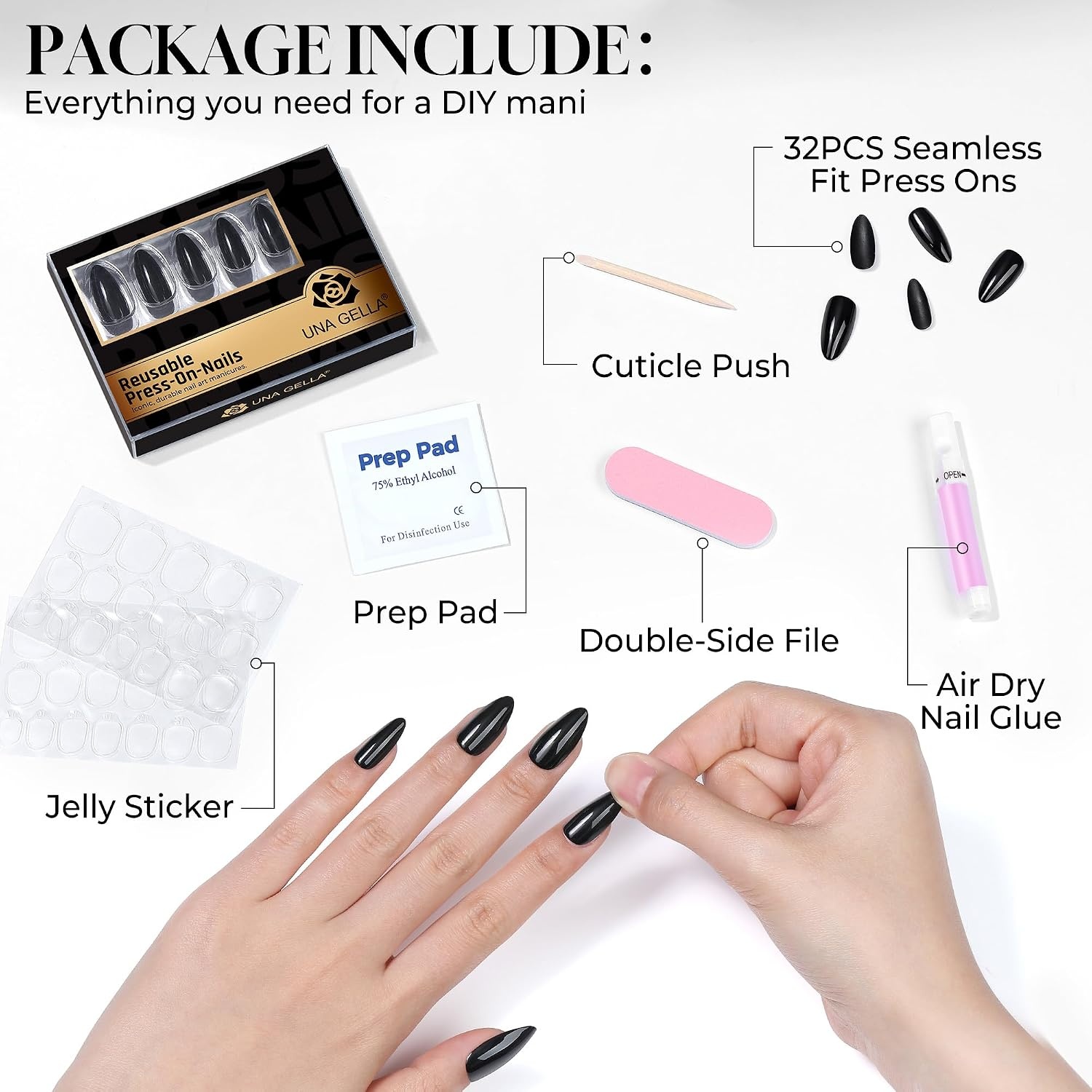 image:imageUNA GELLA Almond Press On Nails 32Pcs 16 Sizes Pastel Lilac Lavender Fake Nails with Glue and Adhesive Tabs Opaque Reusable Glue On Nails Kit for Women ManicureObsidian Gloss