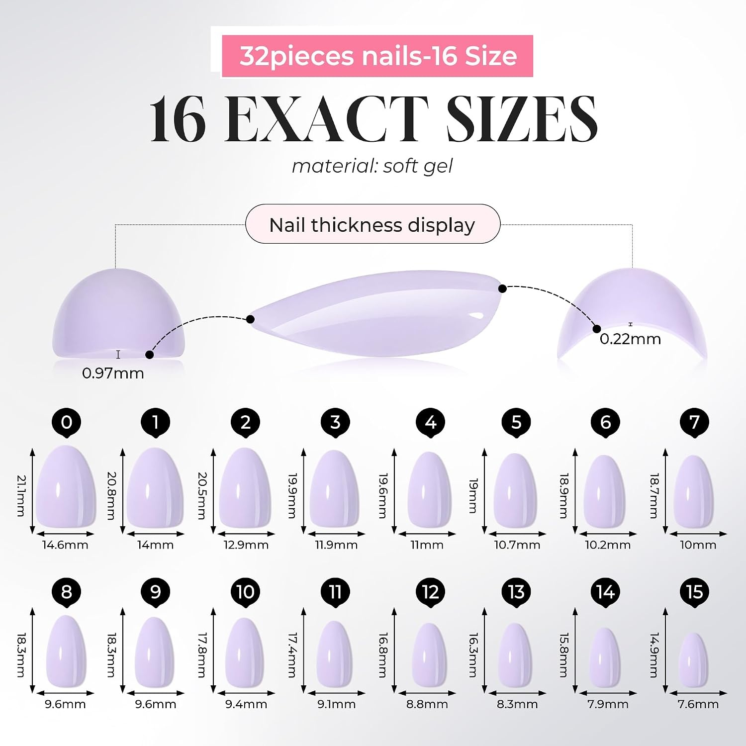 image:imageUNA GELLA Almond Press On Nails 32Pcs 16 Sizes Pastel Lilac Lavender Fake Nails with Glue and Adhesive Tabs Opaque Reusable Glue On Nails Kit for Women ManicureLilac Bloom