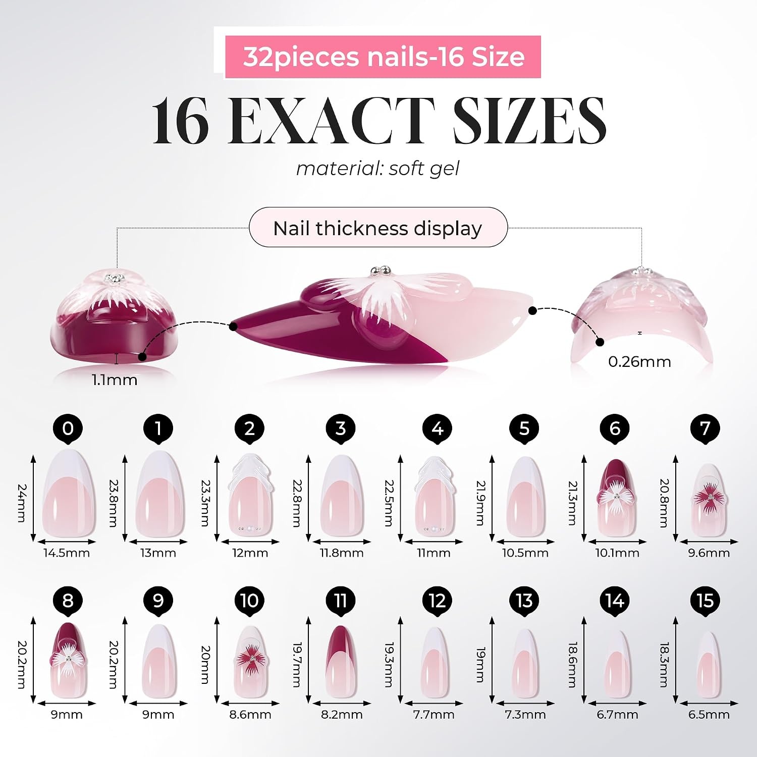 image:imageUNA GELLA Almond Press On Nails 32Pcs 16 Sizes Pastel Lilac Lavender Fake Nails with Glue and Adhesive Tabs Opaque Reusable Glue On Nails Kit for Women ManicurePlum Blossom French