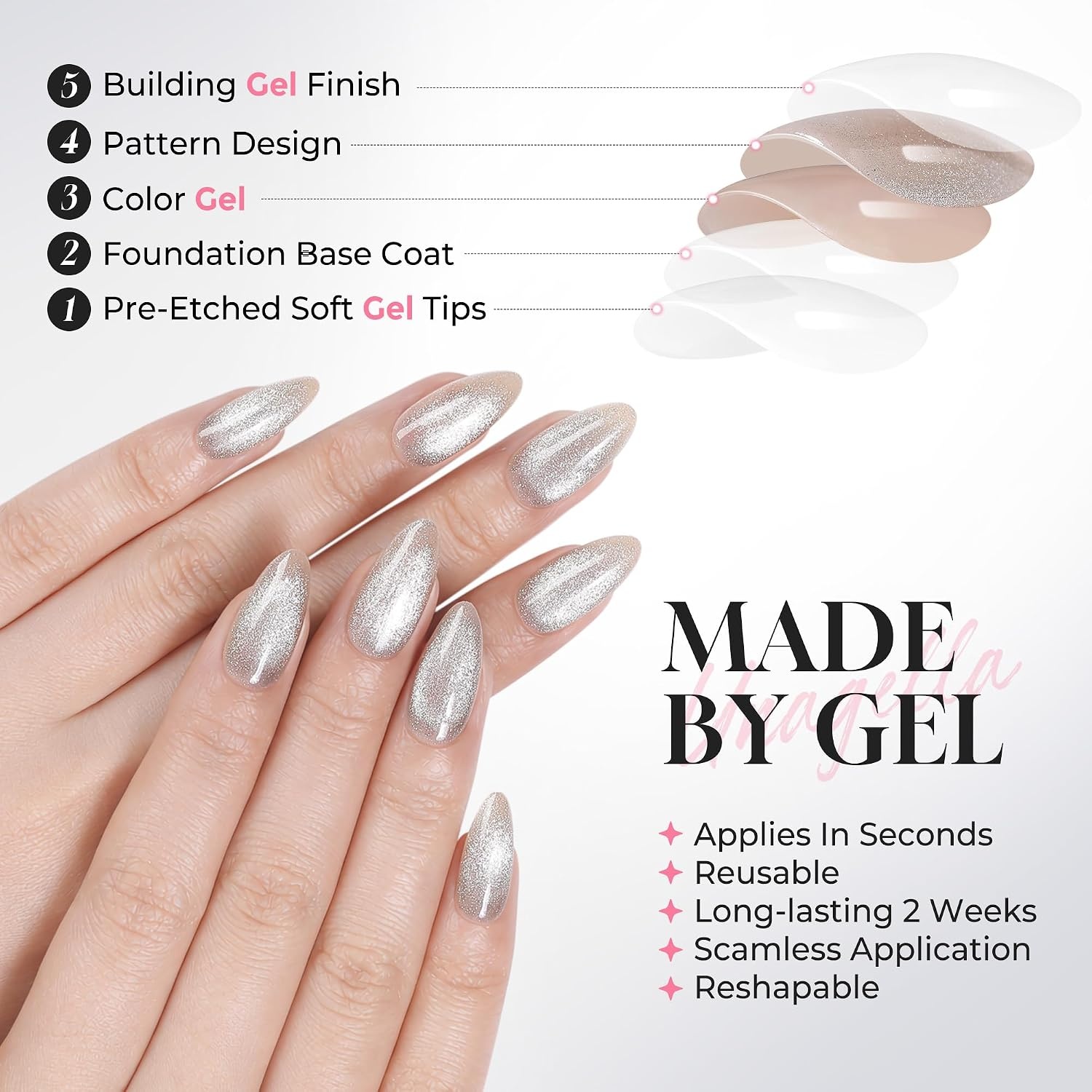 image:imageUNA GELLA Almond Press On Nails 32Pcs 16 Sizes Pastel Lilac Lavender Fake Nails with Glue and Adhesive Tabs Opaque Reusable Glue On Nails Kit for Women ManicureSilver Galaxy