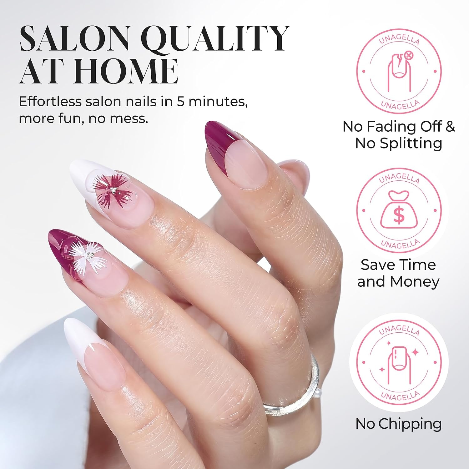 image:imageUNA GELLA Almond Press On Nails 32Pcs 16 Sizes Pastel Lilac Lavender Fake Nails with Glue and Adhesive Tabs Opaque Reusable Glue On Nails Kit for Women ManicurePlum Blossom French