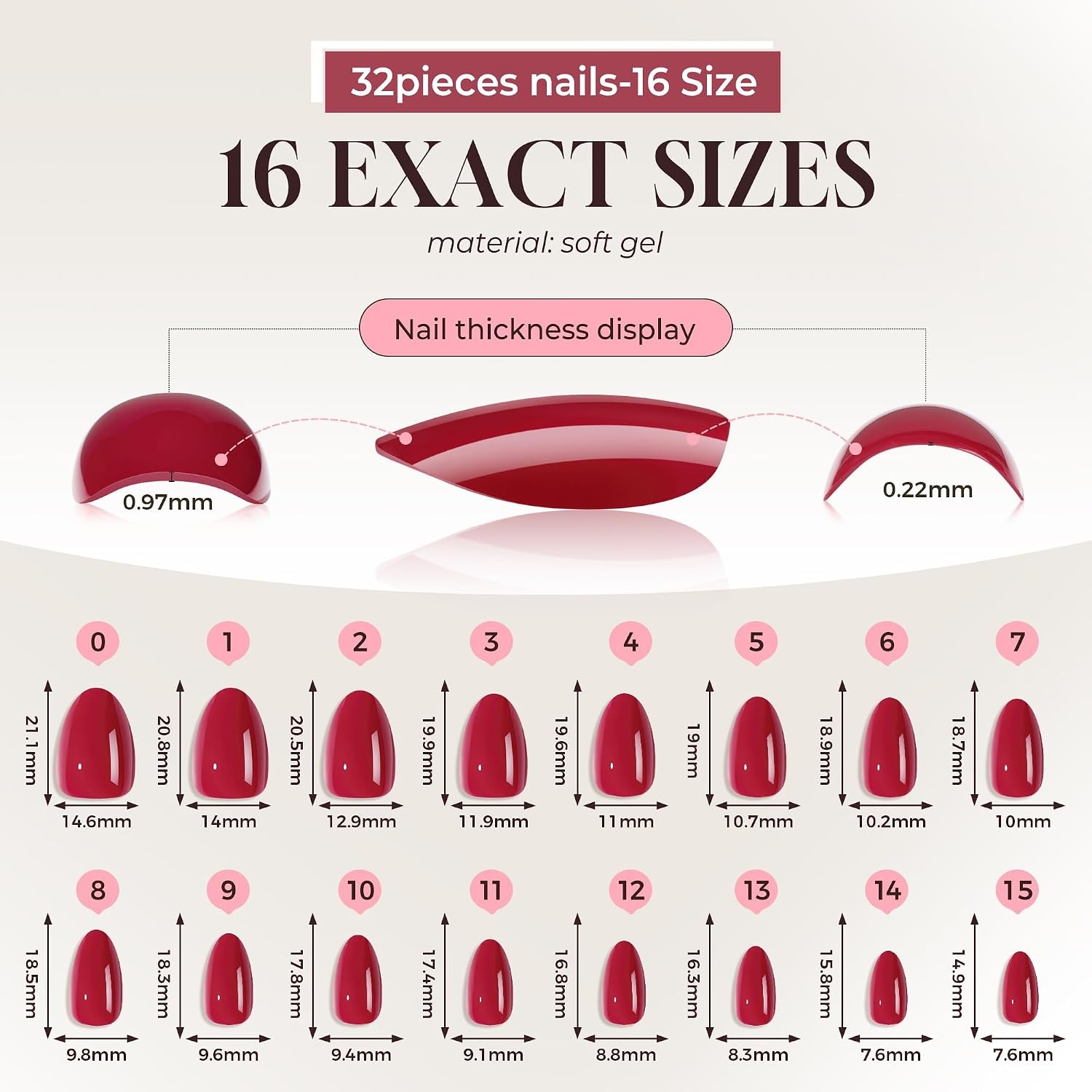 image:imageUNA GELLA Almond Press On Nails 32Pcs 16 Sizes Pastel Lilac Lavender Fake Nails with Glue and Adhesive Tabs Opaque Reusable Glue On Nails Kit for Women ManicureCherry Red