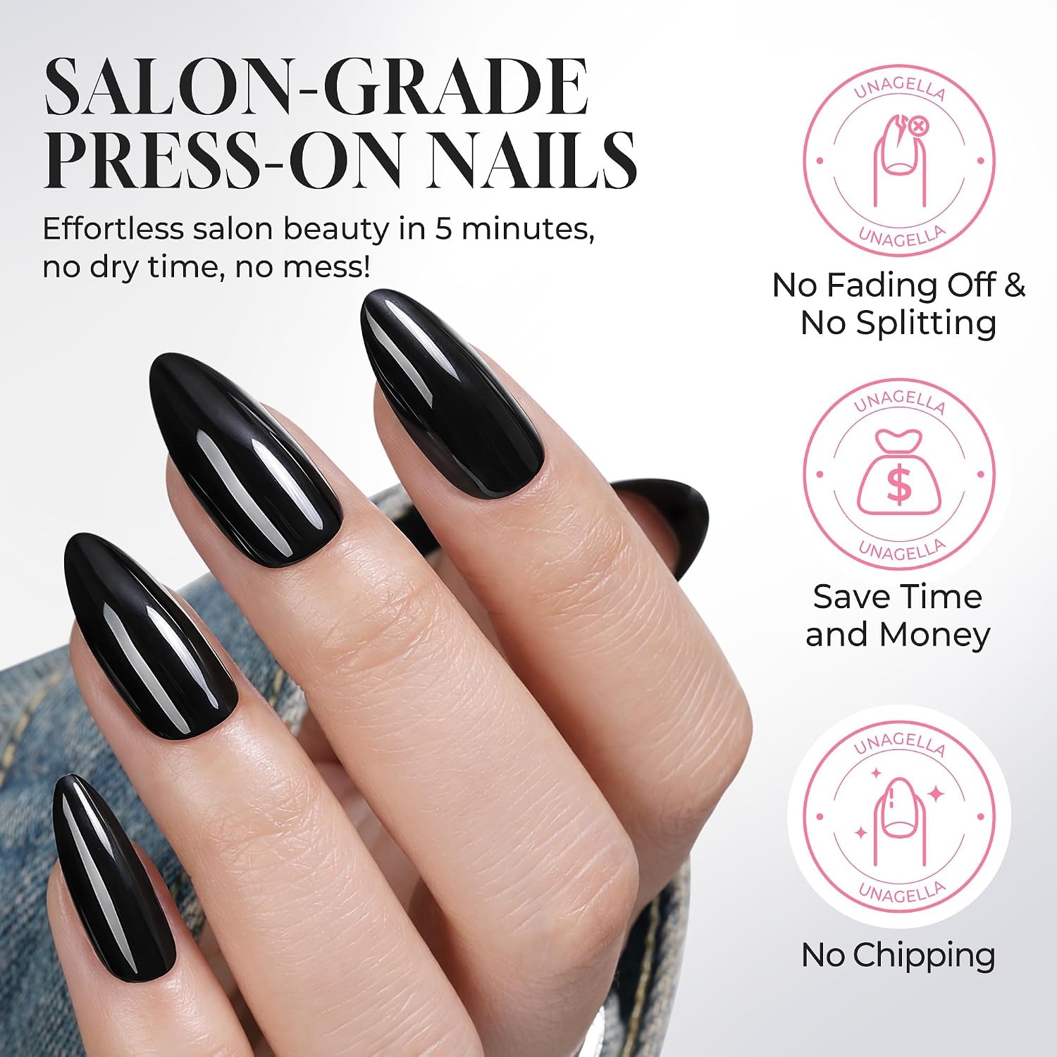 image:imageUNA GELLA Almond Press On Nails 32Pcs 16 Sizes Pastel Lilac Lavender Fake Nails with Glue and Adhesive Tabs Opaque Reusable Glue On Nails Kit for Women ManicureObsidian Gloss