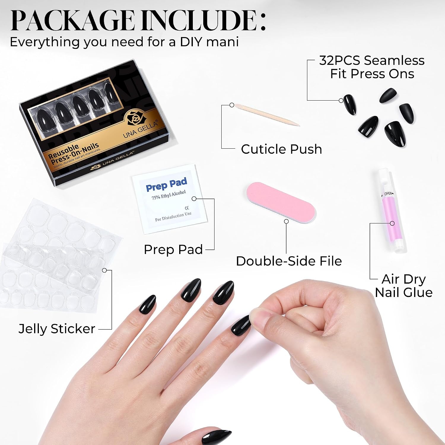 image:imageUNA GELLA Almond Press On Nails 32Pcs 16 Sizes Pastel Lilac Lavender Fake Nails with Glue and Adhesive Tabs Opaque Reusable Glue On Nails Kit for Women ManicureBlack Diamond