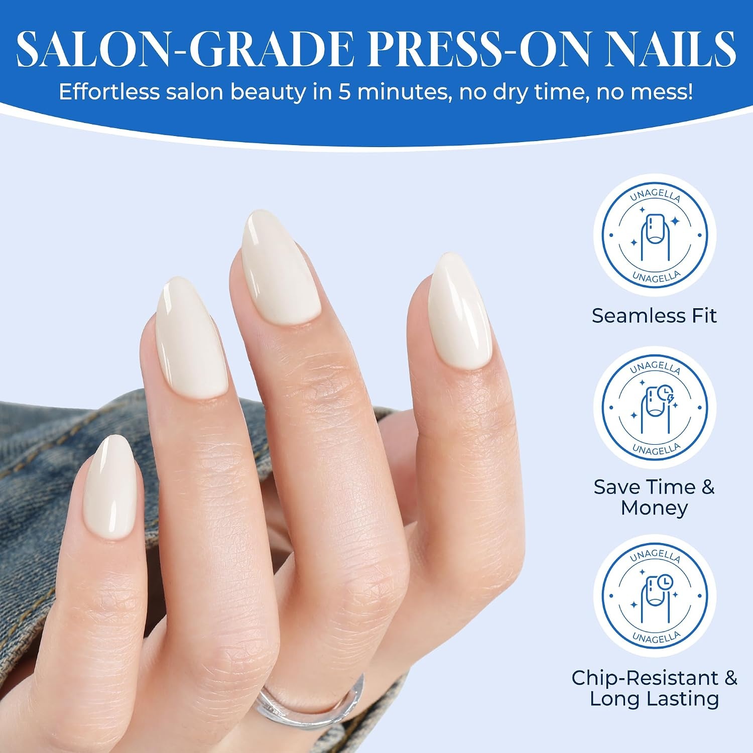 image:imageUNA GELLA Almond Press On Nails 32Pcs 16 Sizes Pastel Lilac Lavender Fake Nails with Glue and Adhesive Tabs Opaque Reusable Glue On Nails Kit for Women ManicureNude White