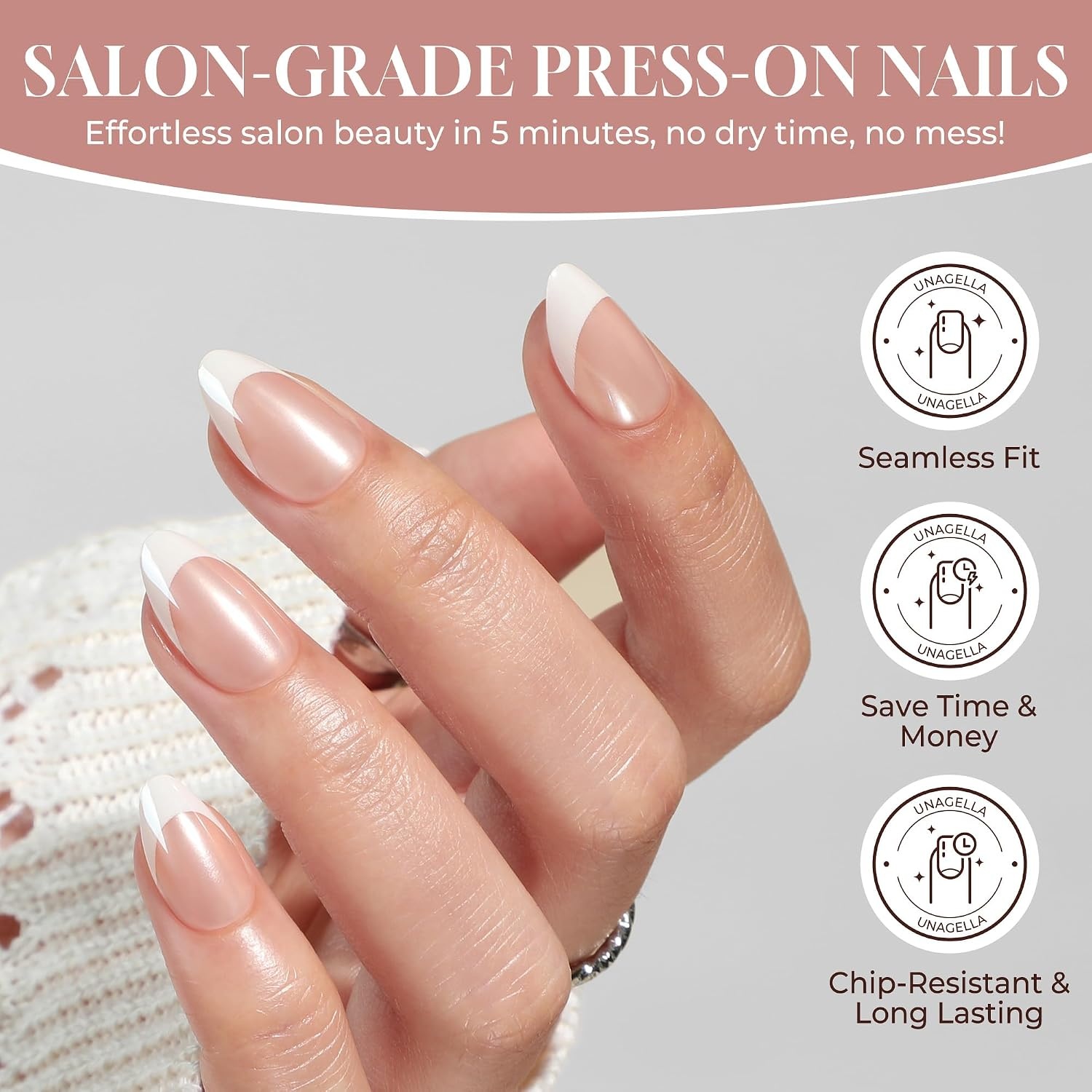 image:imageUNA GELLA Almond Press On Nails 32Pcs 16 Sizes Pastel Lilac Lavender Fake Nails with Glue and Adhesive Tabs Opaque Reusable Glue On Nails Kit for Women ManicureAChrome French