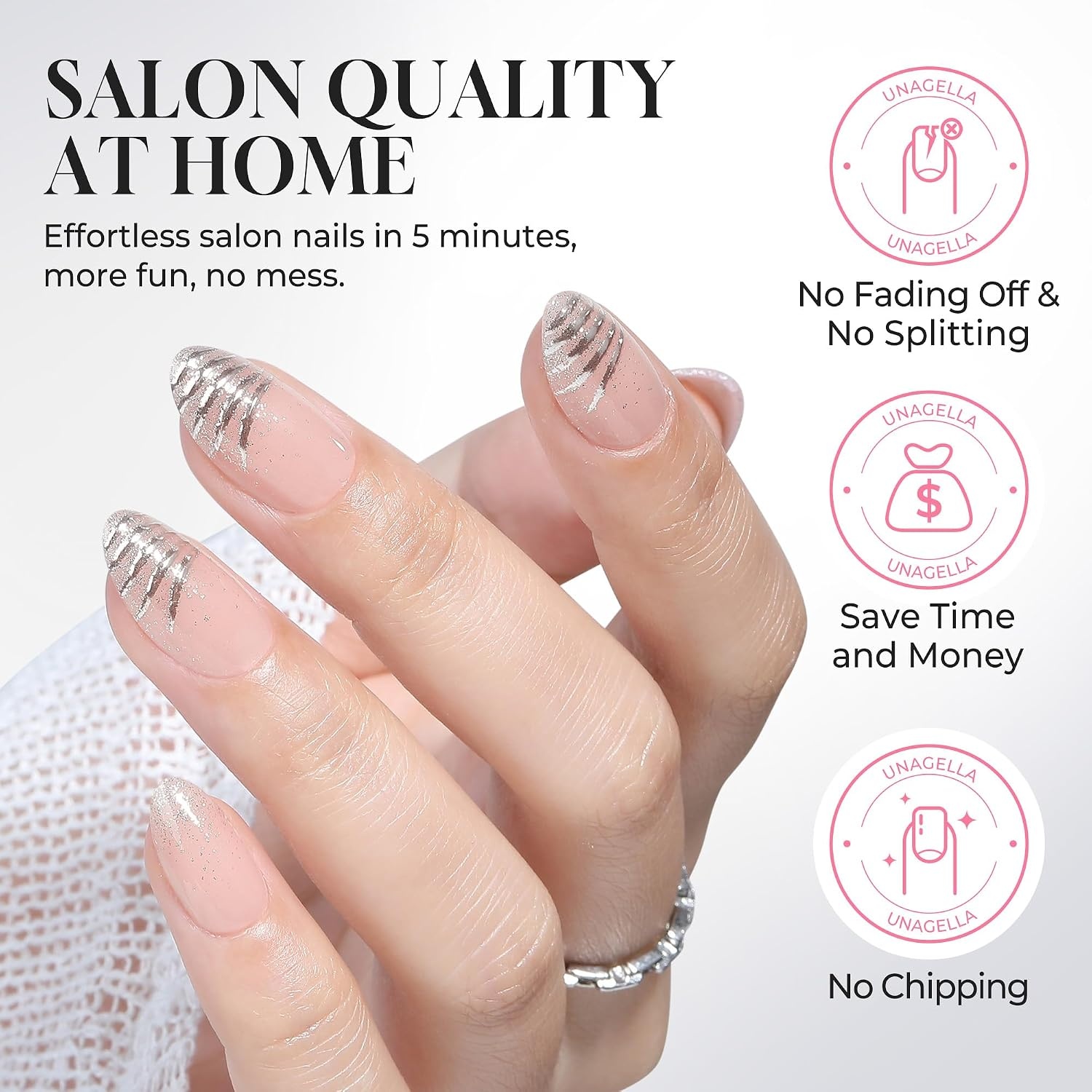 image:imageUNA GELLA Almond Press On Nails 32Pcs 16 Sizes Pastel Lilac Lavender Fake Nails with Glue and Adhesive Tabs Opaque Reusable Glue On Nails Kit for Women ManicureSilver Spun Sugar