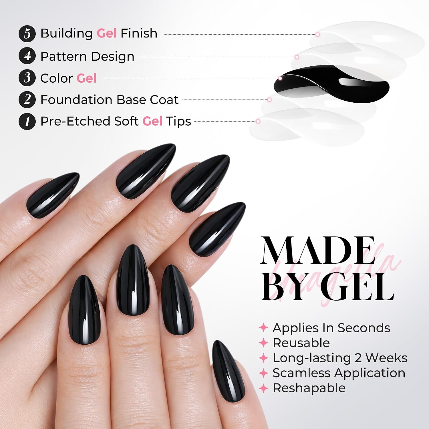 image:imageUNA GELLA Almond Press On Nails 32Pcs 16 Sizes Pastel Lilac Lavender Fake Nails with Glue and Adhesive Tabs Opaque Reusable Glue On Nails Kit for Women ManicureObsidian Gloss