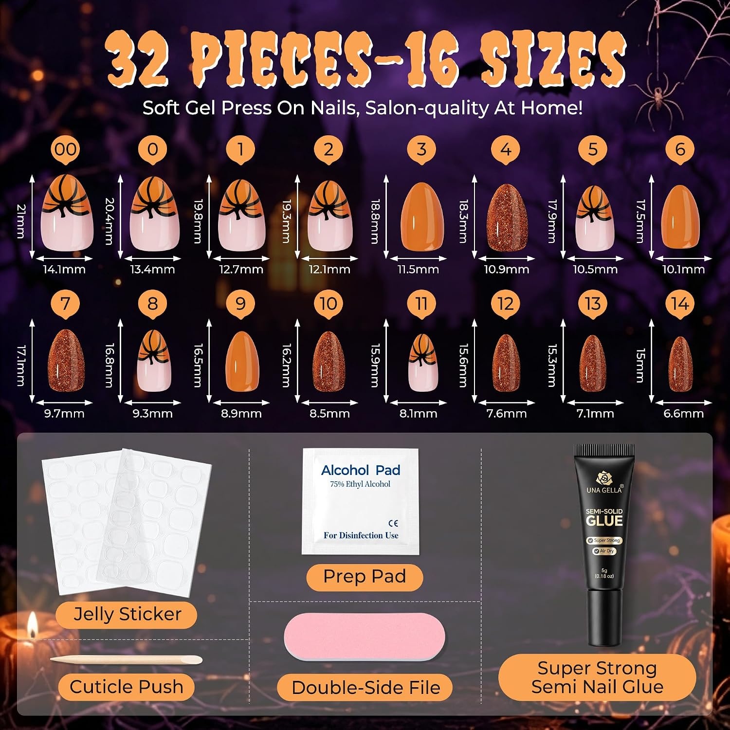 image:imageUNA GELLA Halloween Press On Nails Short Almond 32Pcs Pumpkin Fake Nails Soft Gel Nail Tips Almond Shape in 16 Sizes with Semi Glue and Jelly Tabs Orange Glitter Finish for Party Fall ManicuresHallowween Glitter Short Almond